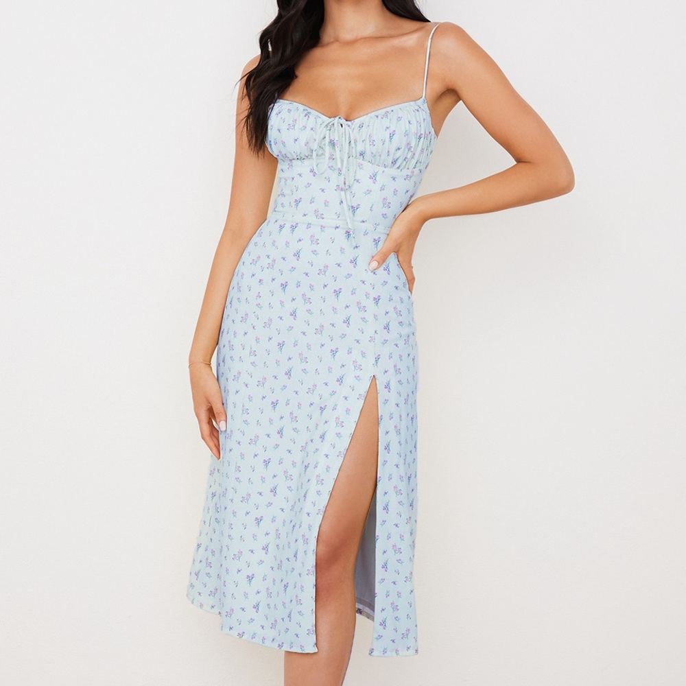 BLUE FLORAL BUSTIER MIDI DRESS